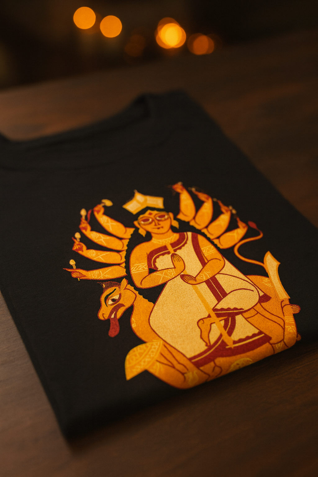 Black T-Shirt with Traditional Goddess Durga Artwork