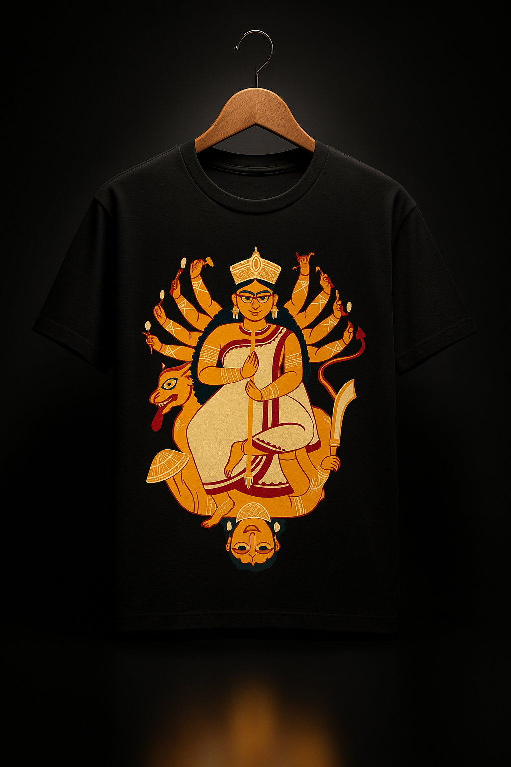 Black T-Shirt with Traditional Goddess Durga Artwork